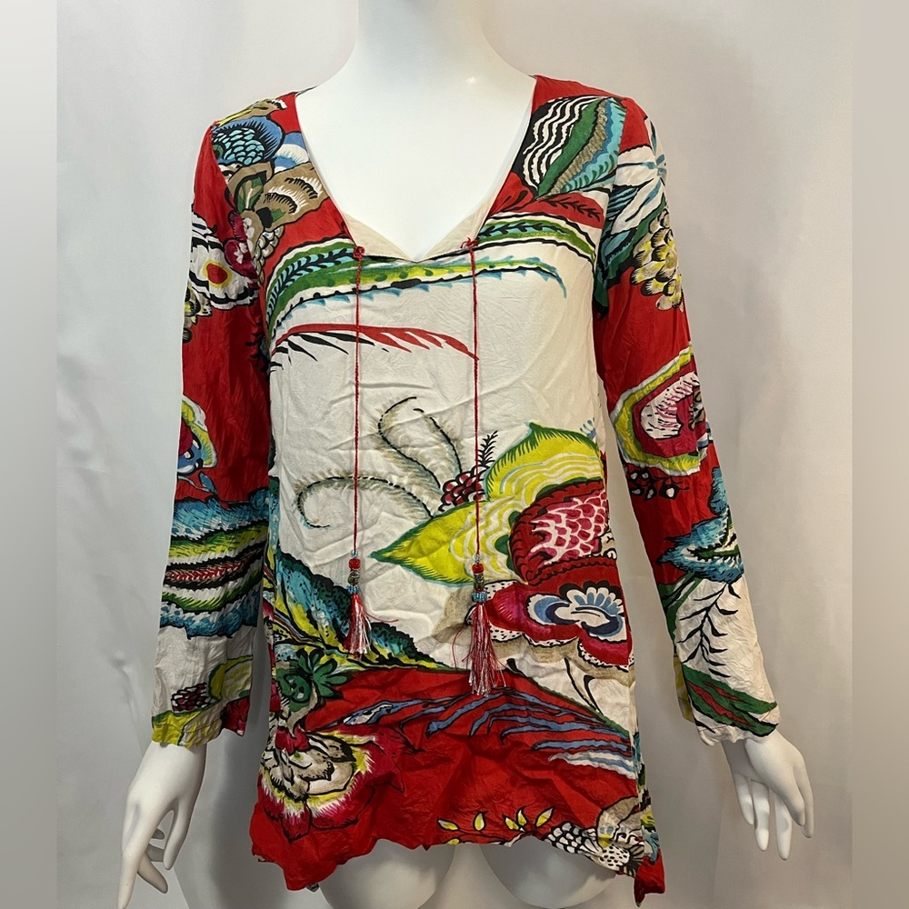 Desigual Colorful Women's Boho Top with Artistic Print. Beaded tassel detail